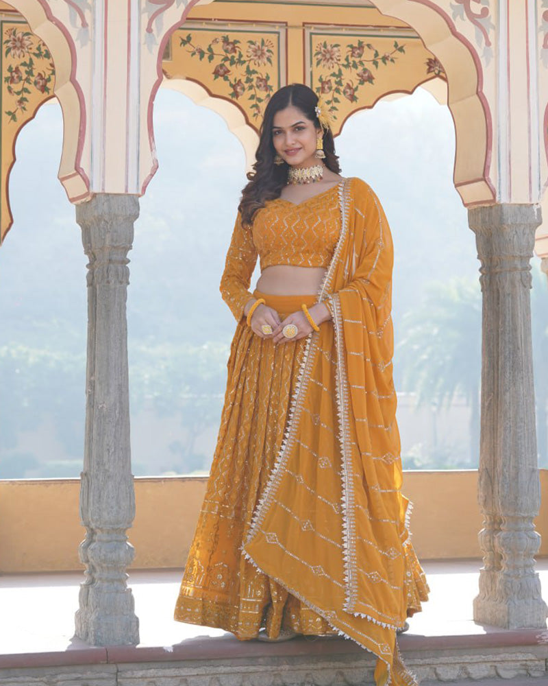 Womenline Yellow Color Georgette Heavy Embroidery Threaded Semi Stitched Lehenga Choli