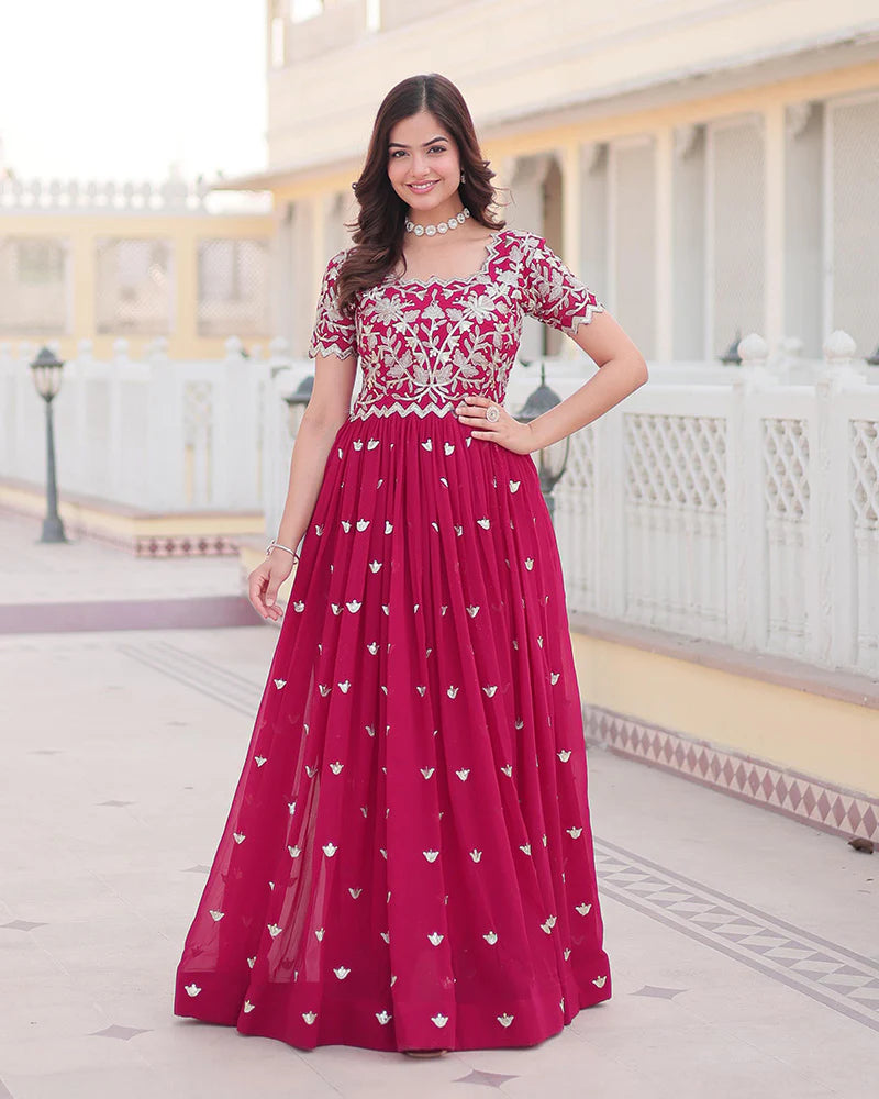 Womenline Rani Pink Color Faux Blooming Sequins Embroidered Anarkali Gown