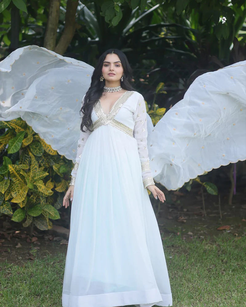 Womenline Wedding Wear Embroidered White Color Alia Cut Gown With Dupatta