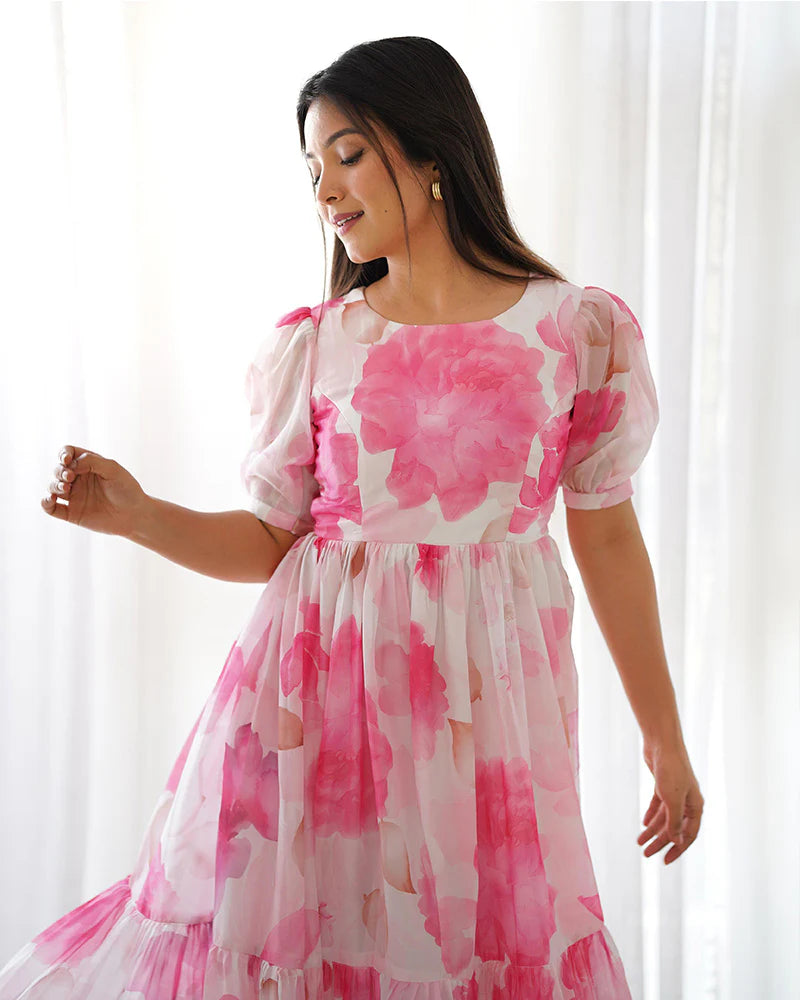 Womenline Baby Pink Color Floral Printed Organza Silk Tunic