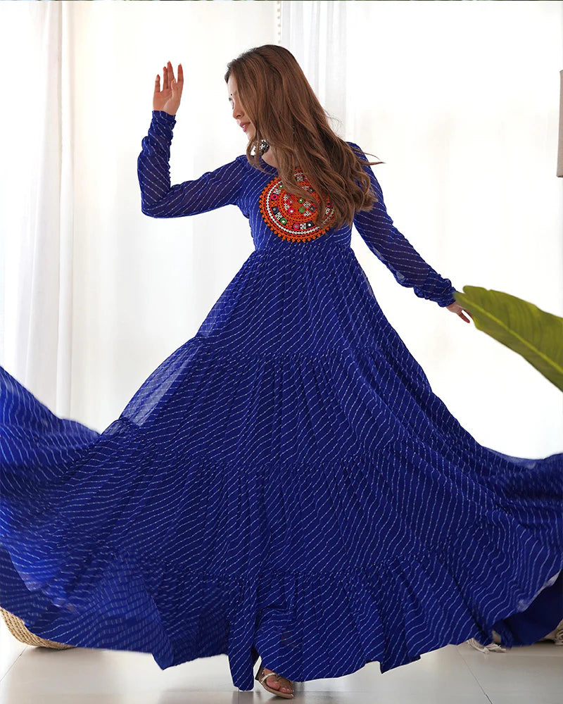 Womenline Royal Blue Color Georgette Laheriya Print Navratri Gown