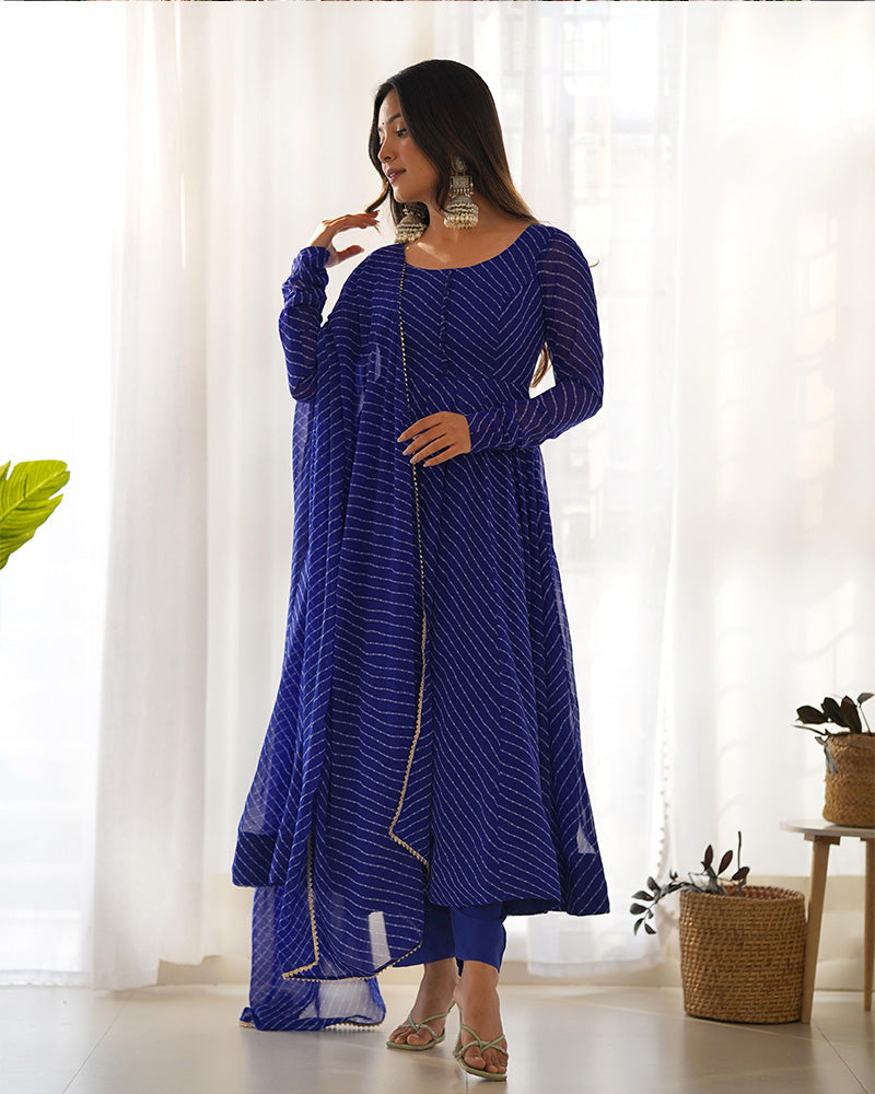 Womenline Royal Blue Color Laheriya Print Georgette Three Piece Anarkali Suit