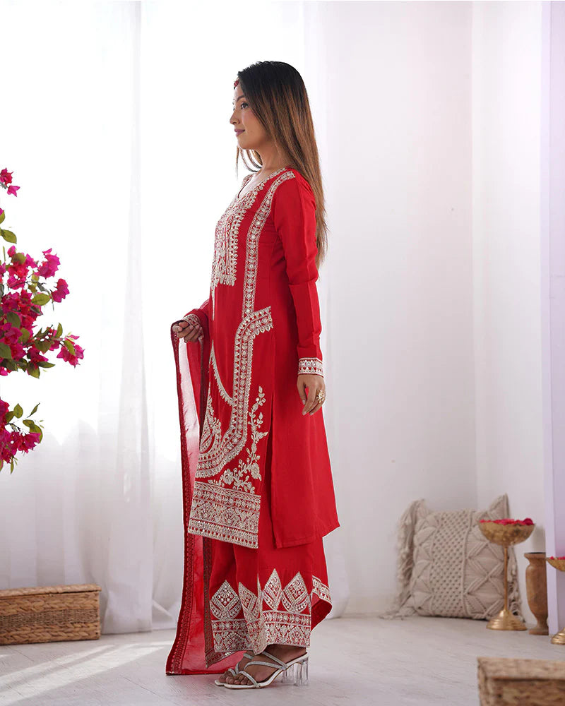 Womenline Red Color Vichitra Silk Three Piece Kurti Suit
