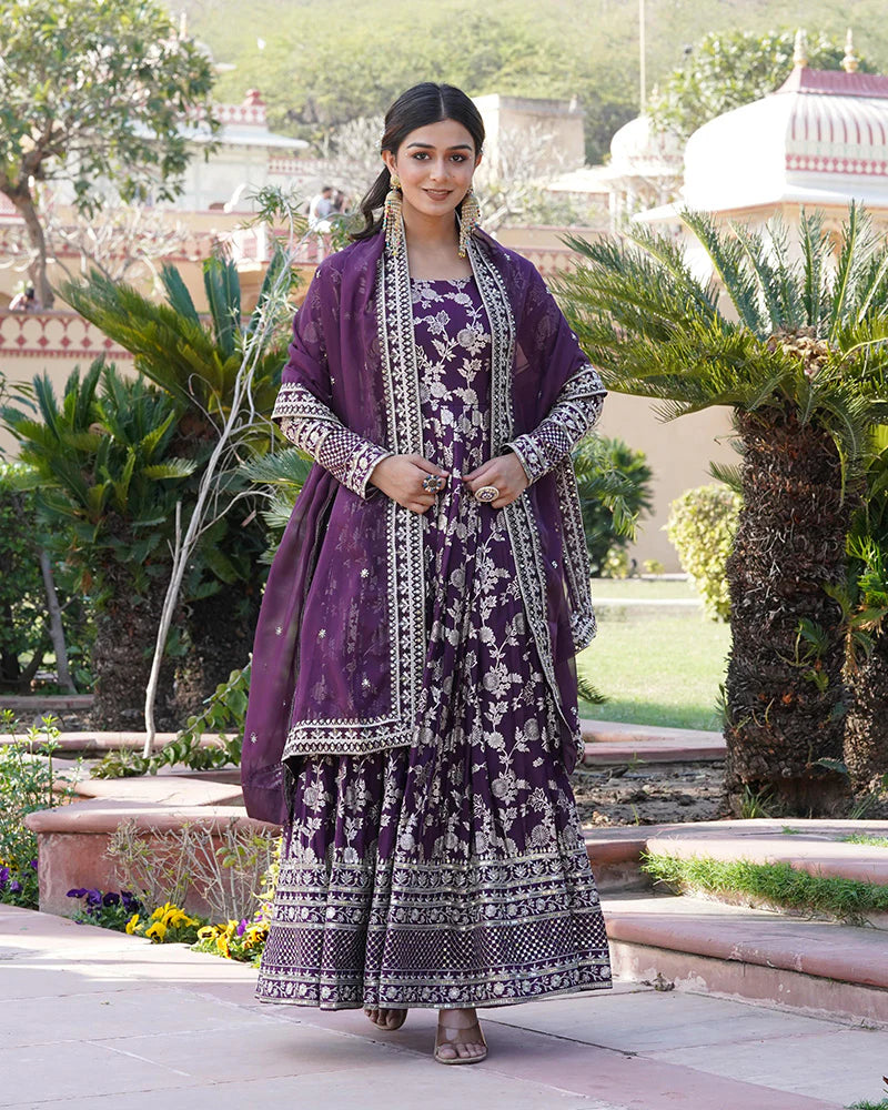 Womenline Designer Wine Color Sequence embroidered Viscose Jacquard Gown With Dupatta