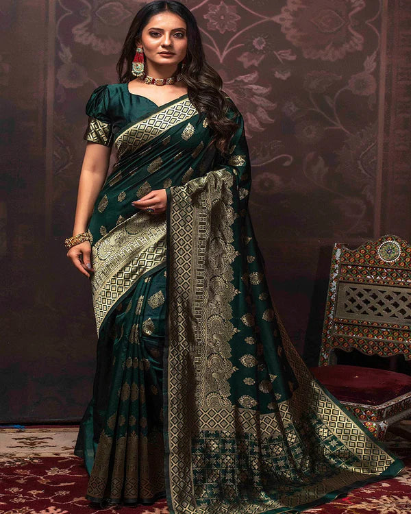 Womenline Dark Green Color Banarasi Jacquard Soft Silk Saree