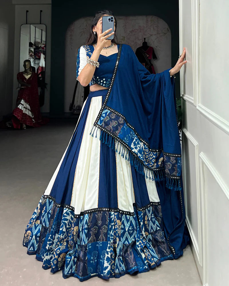 Womenline White And Blue Color Rayon Navratri Lehenga Choli