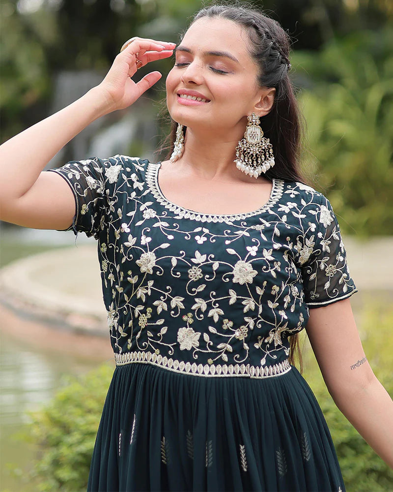 Womenline Mehndi Color Faux Blooming Embroidered Gown