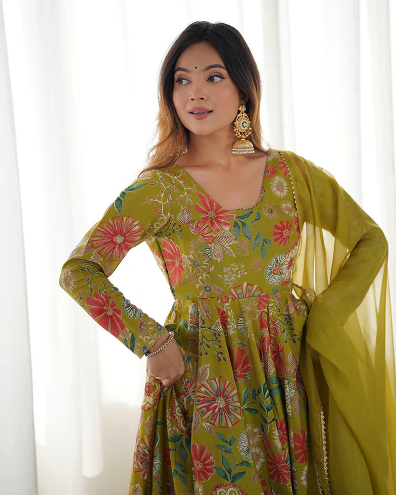 Womenline Mehndi Color Roman Silk Discharge Printed Plazzo Suit