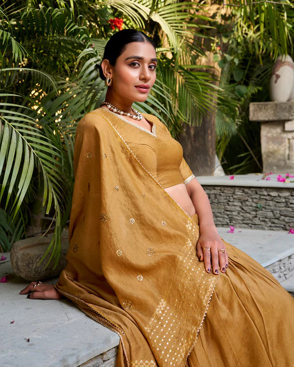 Womenline Mustard Color Pure Chanderi Plain Half Saree