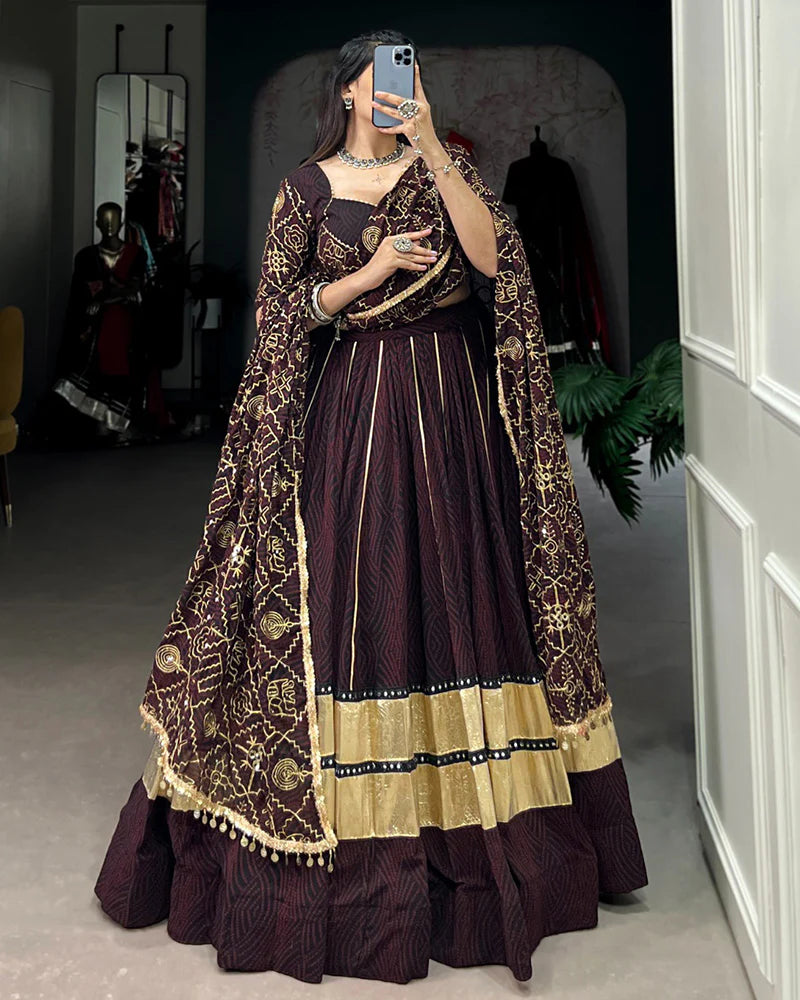 Womenline Brown Color Georgette Navratri Lehenga Choli