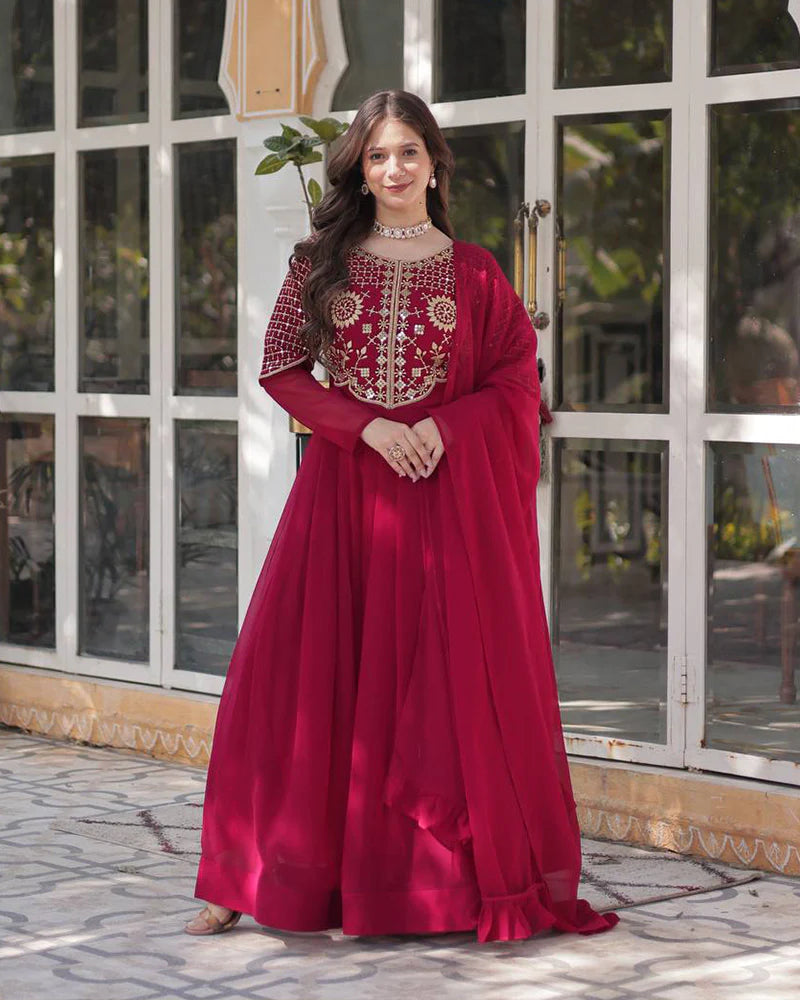 Womenline Rani Pink Color Faux Blooming Georgette Gown With Embroidered Dupatta