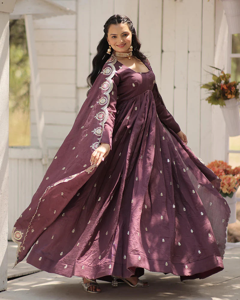 Womenline Onion Color Vichitra Shimmer Sequence Embroidered Gown