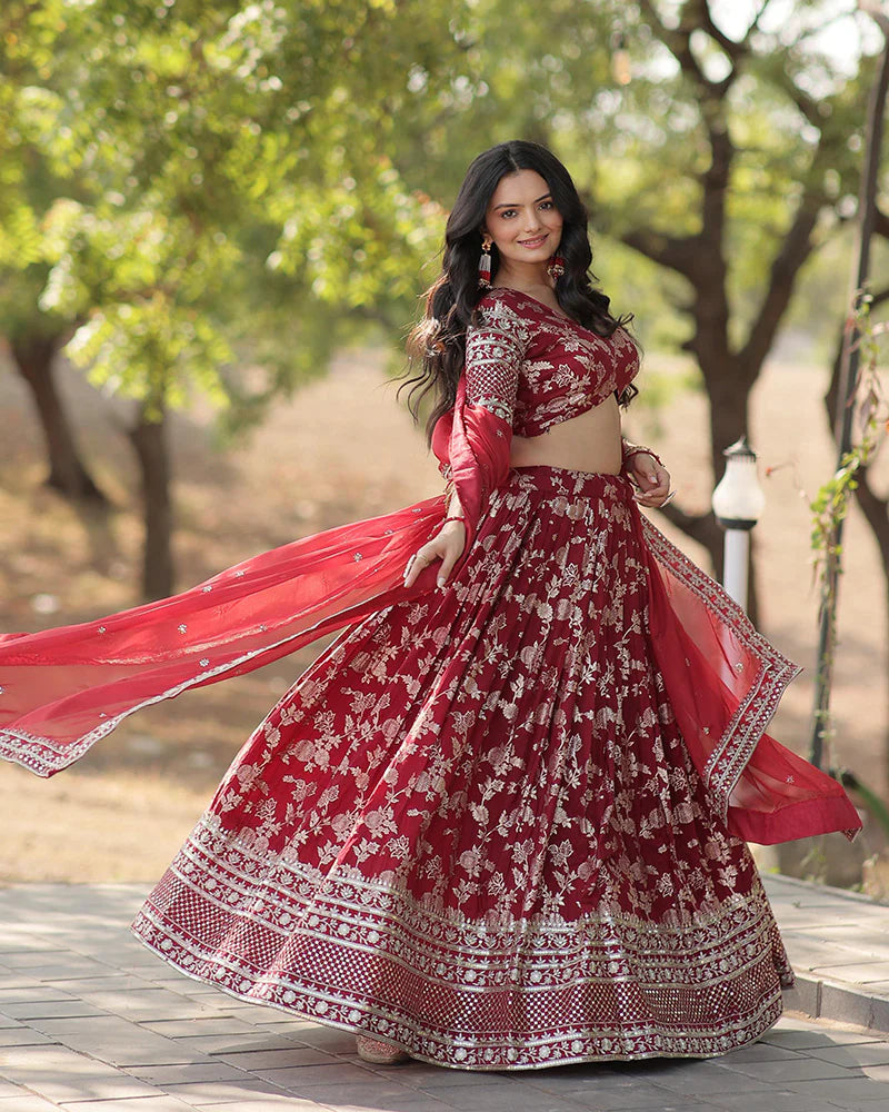 Womenline Maroon Color Pure Viscose Jacquard Lehenga Choli
