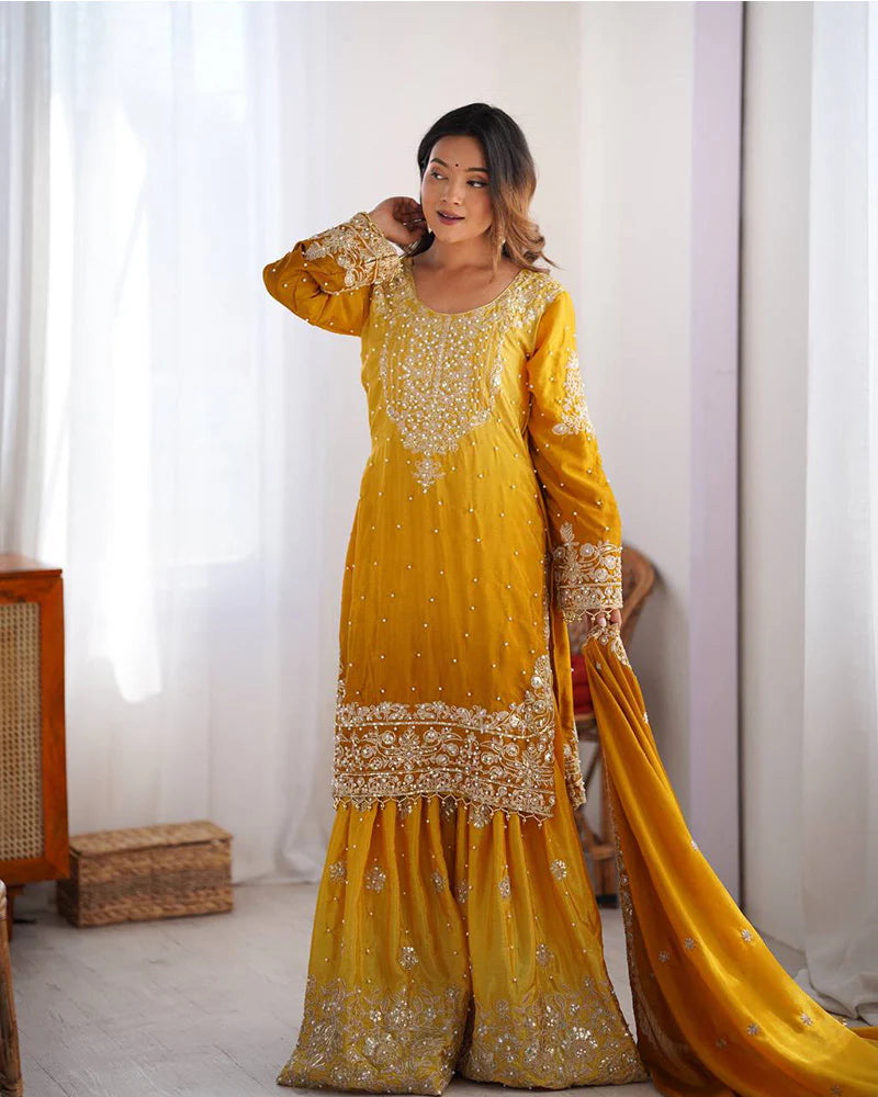 Womenline Yellow Color Chinnon Sequence Work Plazzo Suit
