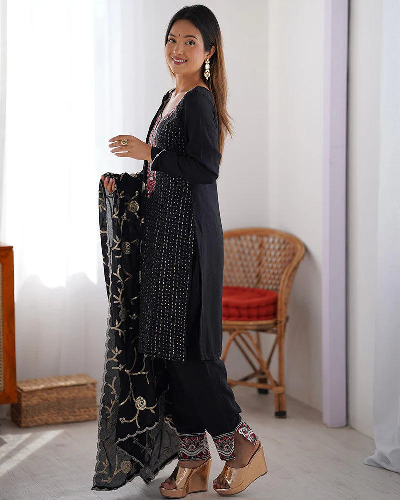 Womenline Black Color Chinon Silk Three Piece Kurti Suit