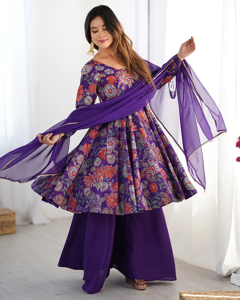 Womenline Purple Color Roman Silk Discharge Printed Plazzo Suit