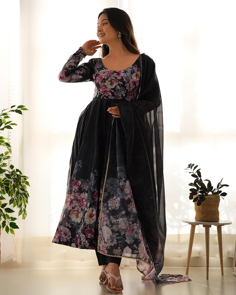 Womenline Black Color Floral Print Organza Three Piece Anarkali Suit