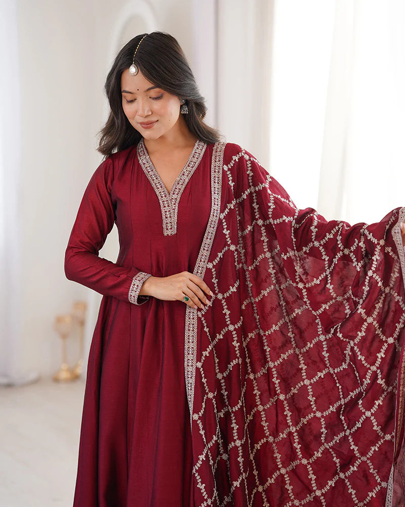 Womenline Maroon Color Vichitra Silk Embroidered Gown