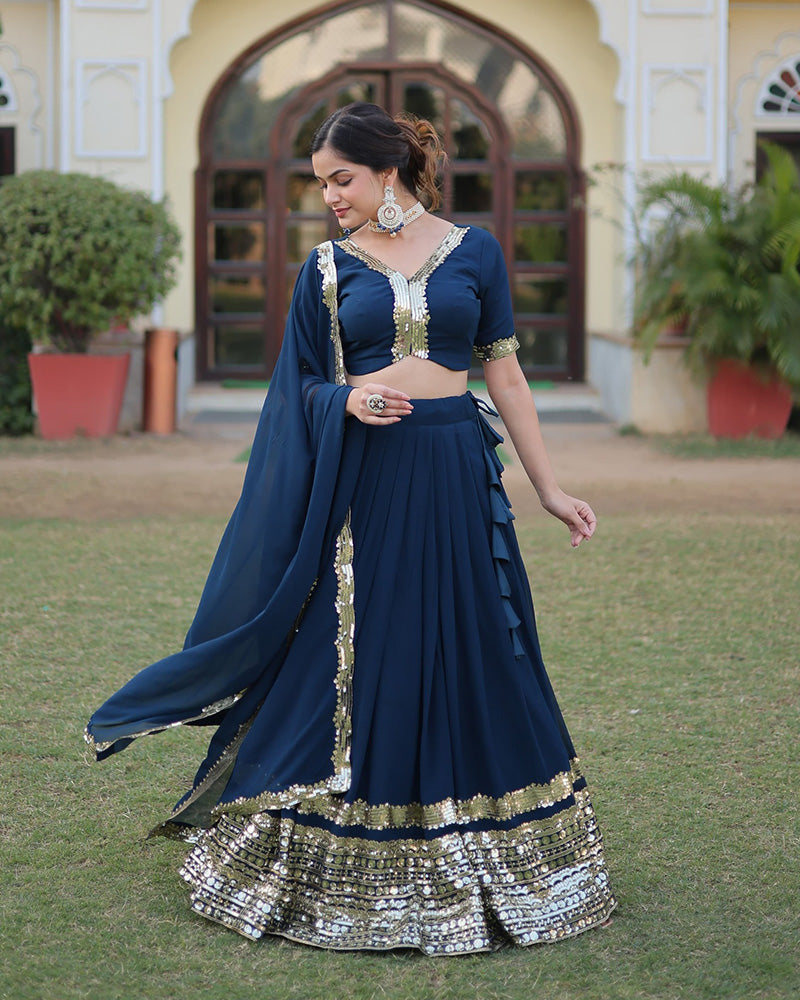 Womenline Rama Color Georgette Sequence Embroidery Lehenga Choli