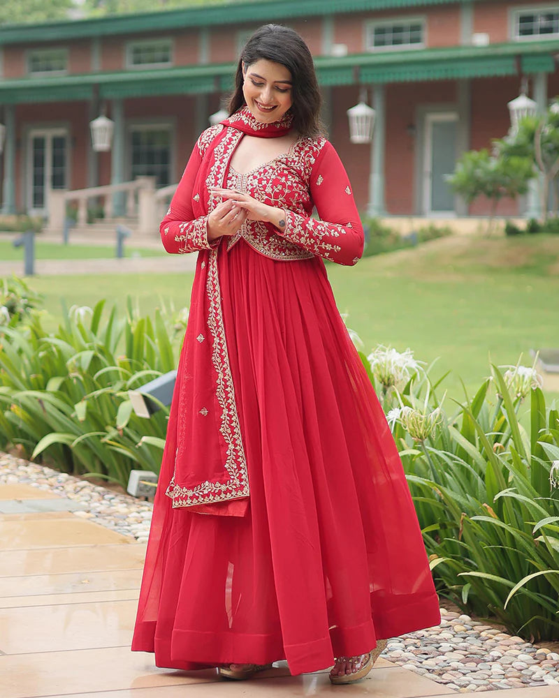 Womenline Pink Color Faux Blooming Multi Embroidered Work Gown