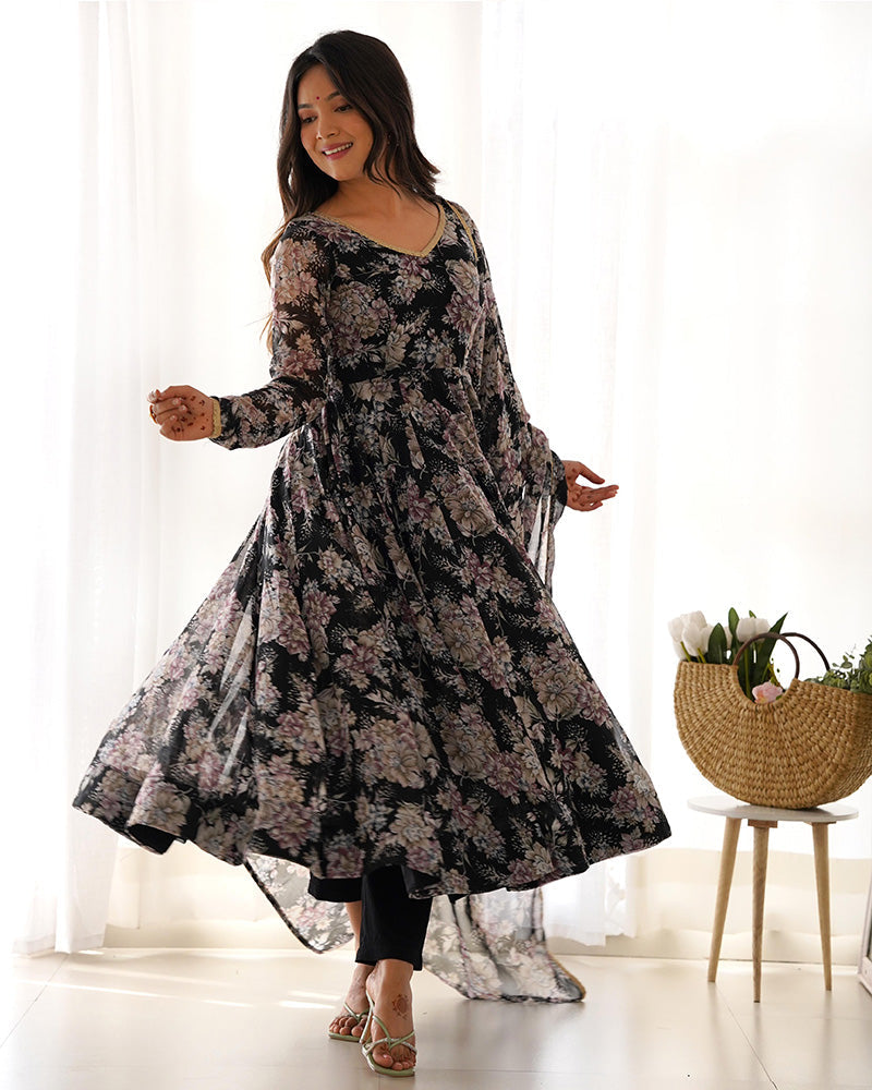 Womenline Black Color Georgette Three Piece Anarkali Suit