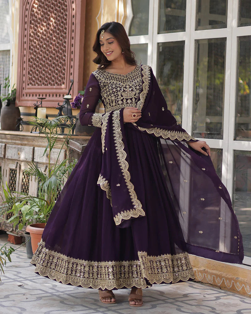 Womenline Violet Color Faux Blooming Embroidered Gown