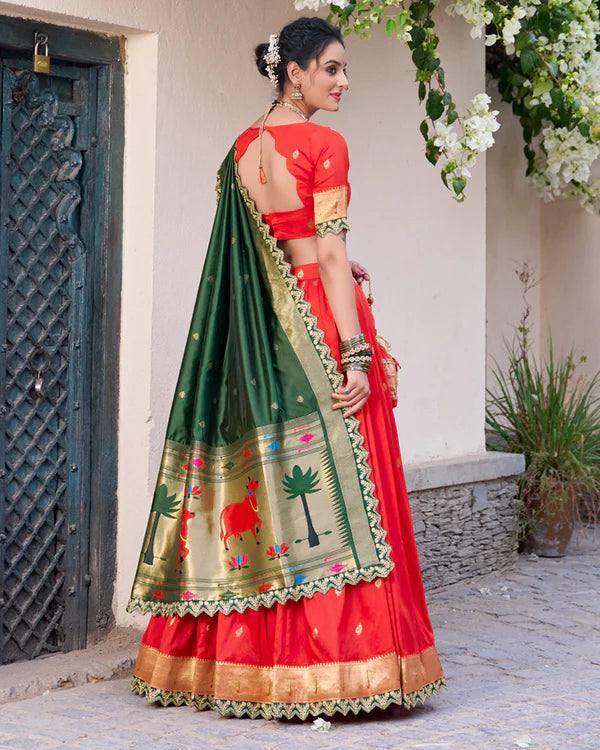 Womenline Red Color Jacquard Silk Half Saree