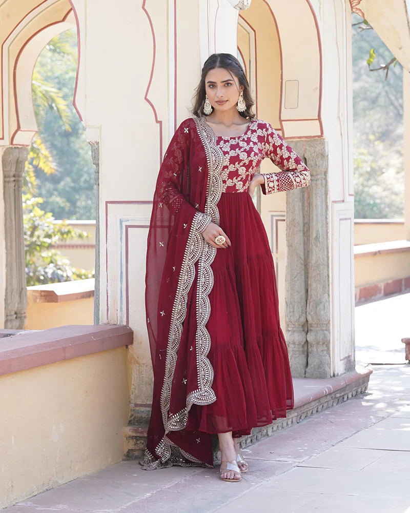 Womenline Maroon Color Anarkali Gown With Faux Blooming Dupatta