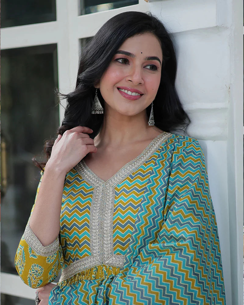 Womenline Lime Green Color Printed Pure Cotton Three Piece Kurti Suit