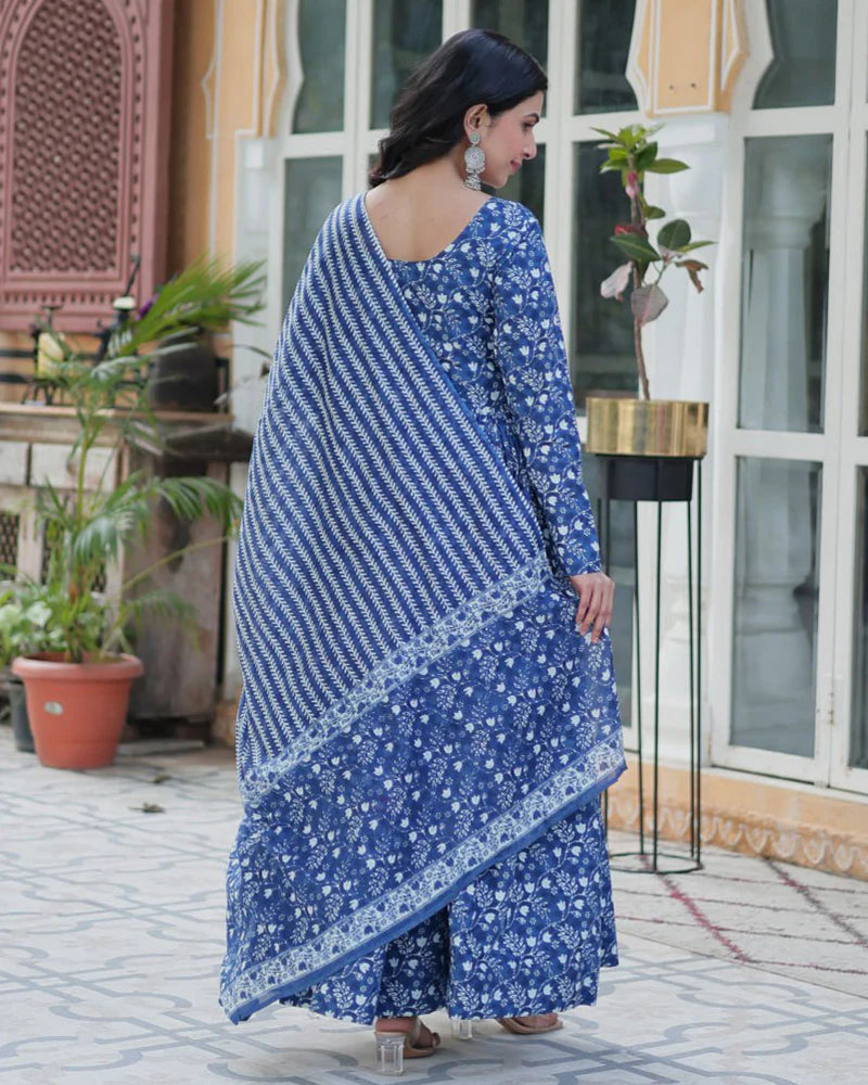 Womenline Blue Color Printed Pure Cotton Three Piece Kurti Suit