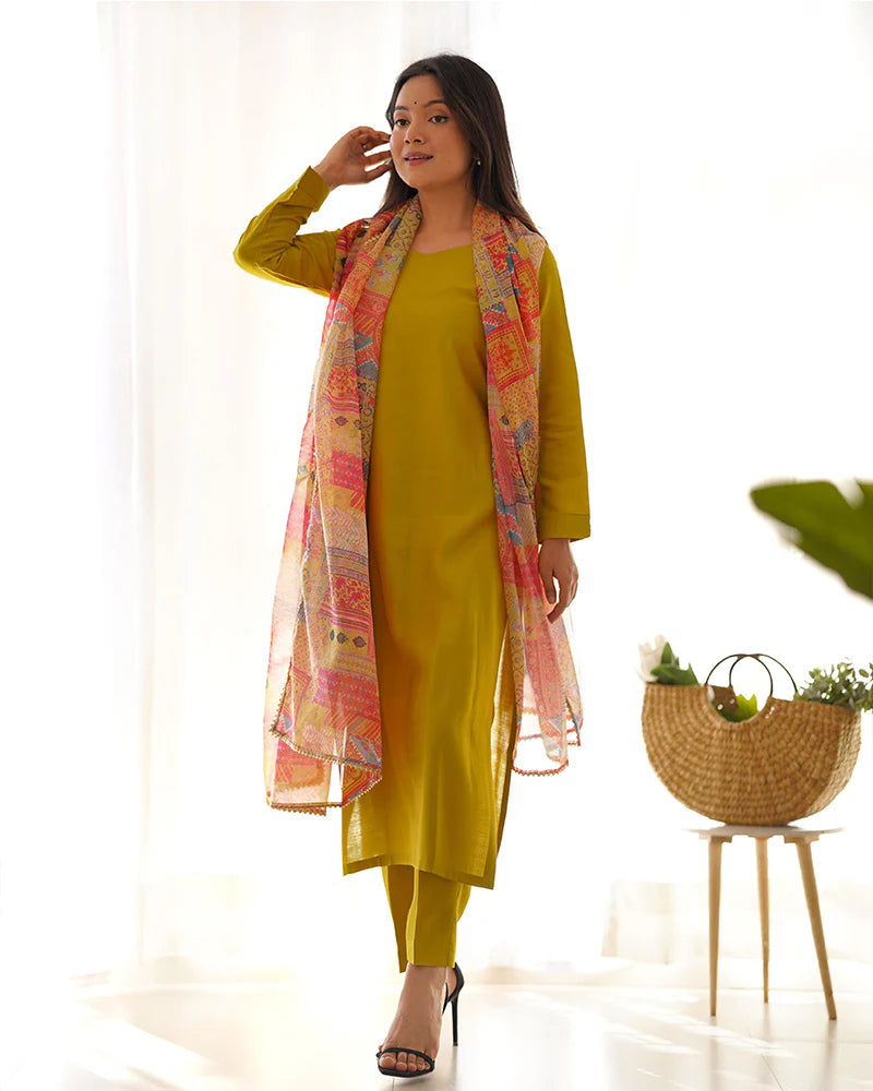 Womenline Yellow Color Viscose Ready To wear Three Piece Kurti Suit