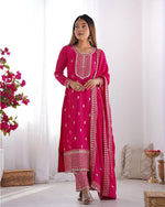 Womenline Rani Pink Color Chinon Silk Three Piece Kurti Suit