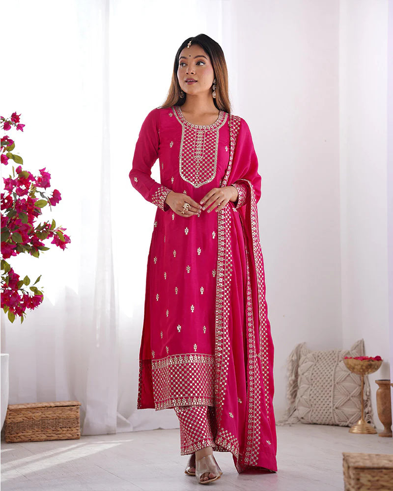 Womenline Rani Pink Color Chinon Silk Three Piece Kurti Suit