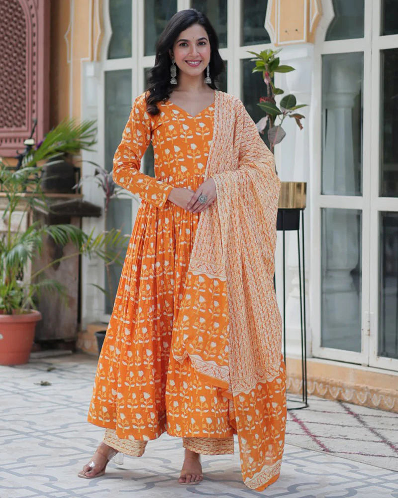 Womenline Orange Color Printed Pure Cotton Three Piece Kurti Suit