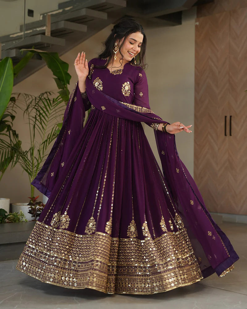 Womenline Royal Purple Color Designer Golden Embroidered Gown