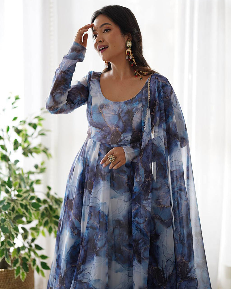Womenline Navy Blue Color Pure Soft Organza Three Piece Anarkali Suit