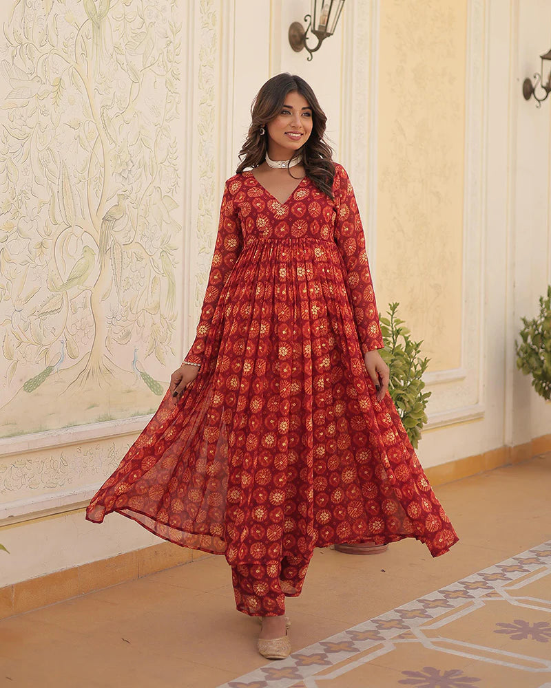 Womenline Designer Red Color Georgette Printed Co-Ord Set