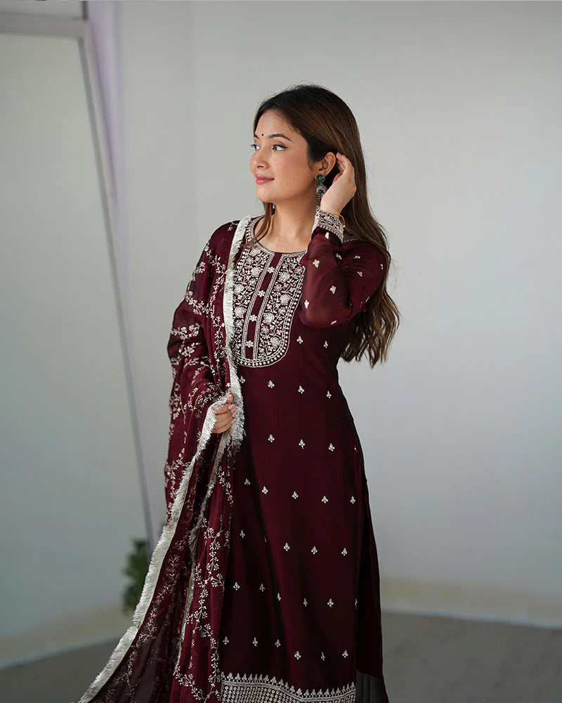 Womenline Maroon Color Rangoli Silk Three Piece Kurti Suit