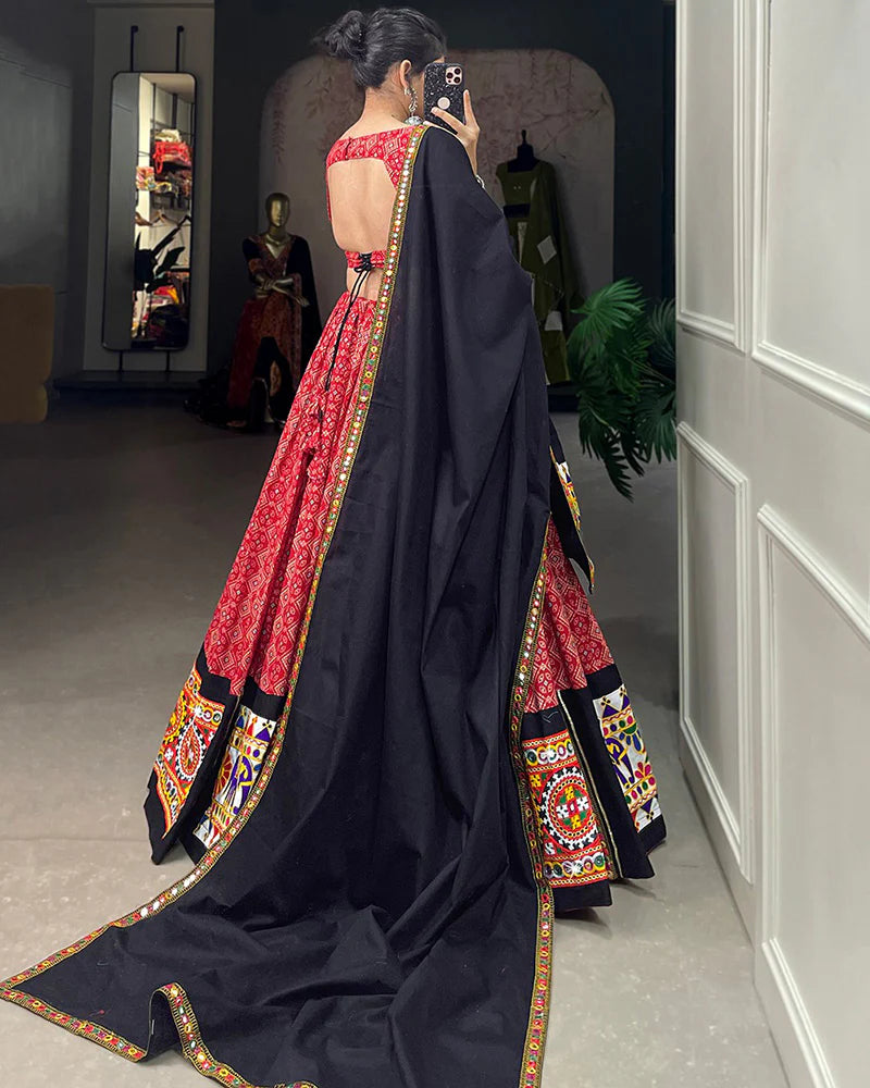 Womenline Red Color Cotton Gamthi Work Navratri Lehenga Choli