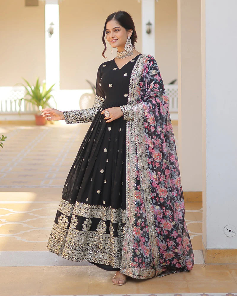 Womenline Black Color Faux Georgette Designer Gown With Dupatta