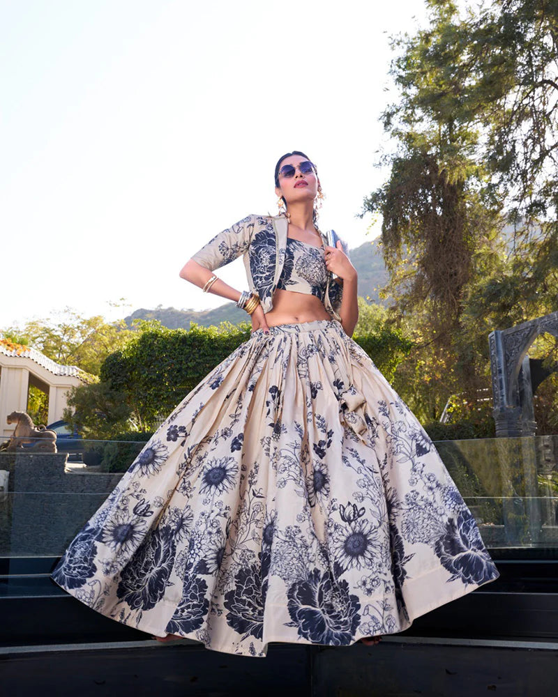 Womenline Cream Color Tussar Silk Lehenga Choli With koti