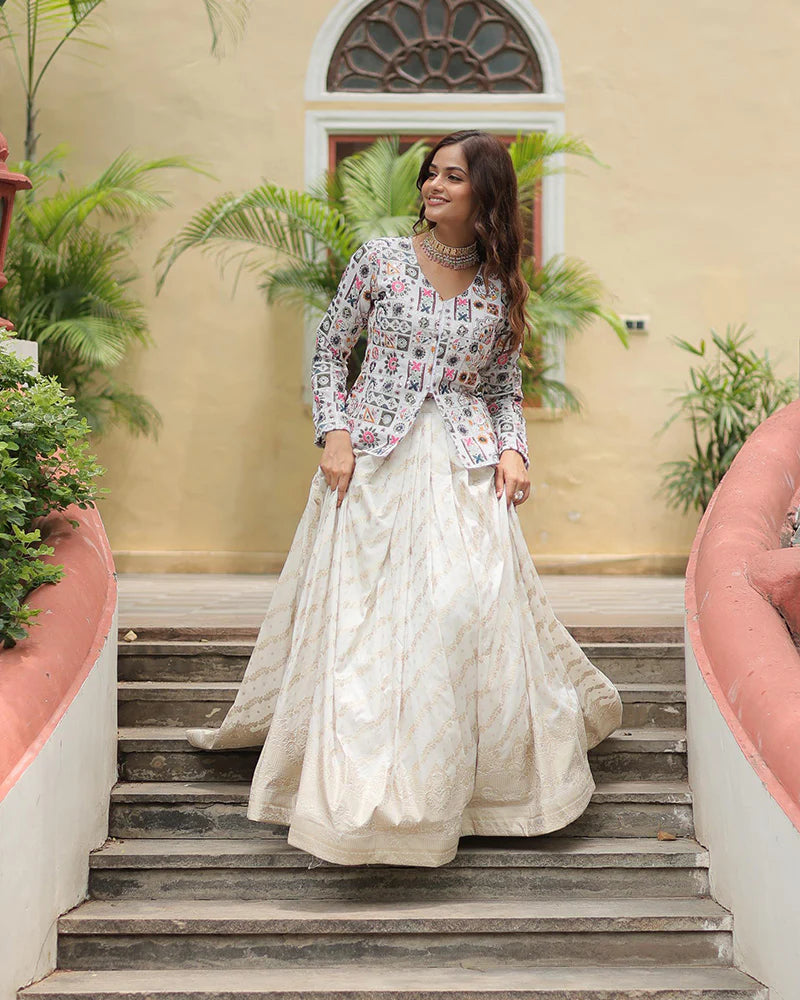 Womenline White Color Viscose jacquard Crop Top Lehenga Choli