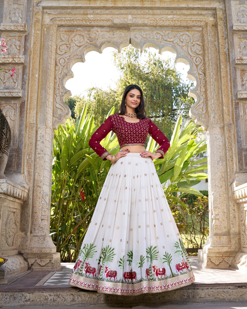 Womenline White Color Georgette Sequence Embroidered Lehenga Choli