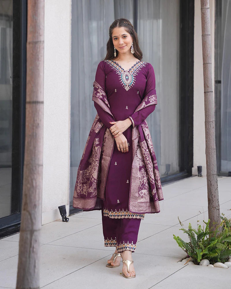 Womenline Wine Color Roman Silk Embroidered Three Piece Kurti Suit