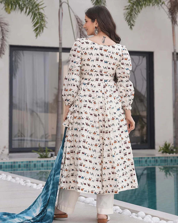 Womenline White Color Printed Pure Cotton Angarkha Style Anarkali Suit