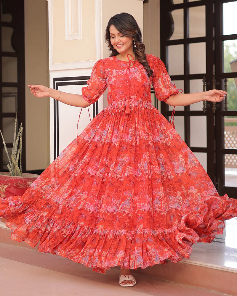 Womenline Orange Color Georgette Printed Gown
