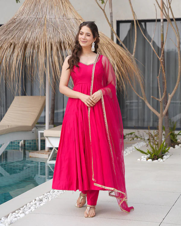 Womenline Rani Pink Color Chanderi Pure Roman Silk Anarkali Suit