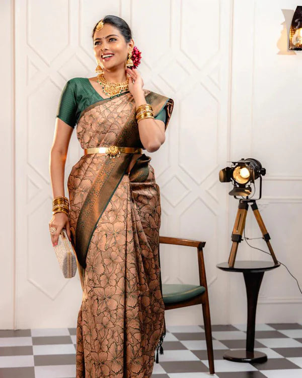 Womenline Cream Color Banarasi Jacquard Soft Silk Saree