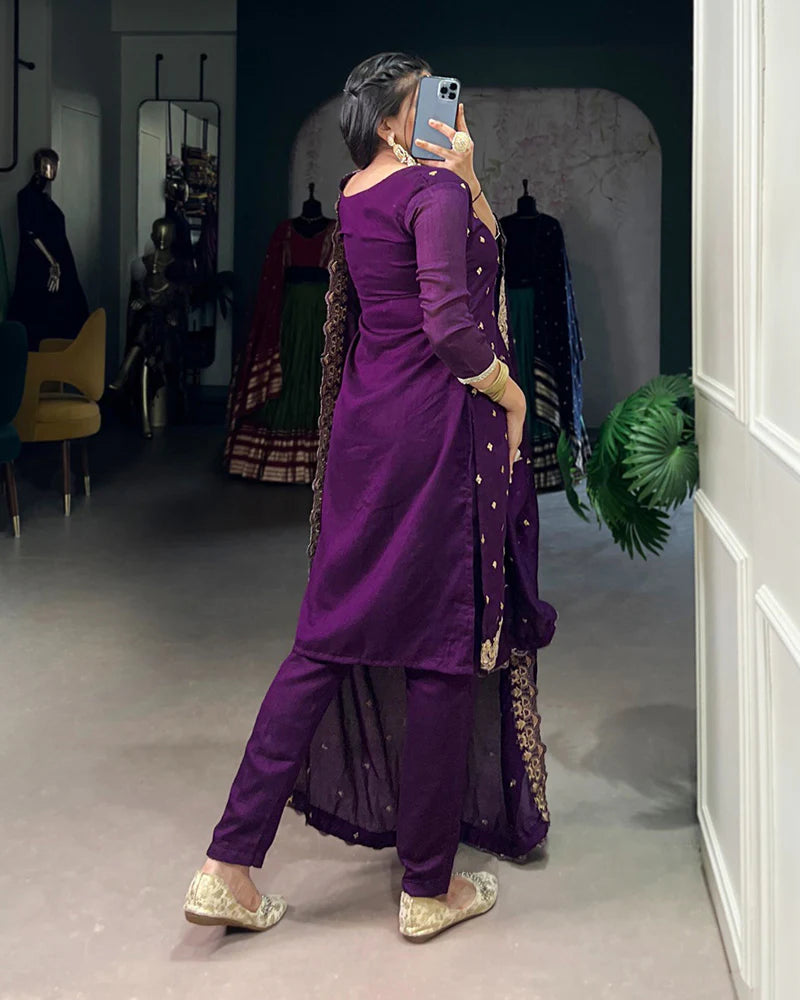 Womenline Purple Color Vichitra Silk Embroidered Three Piece Kurti Suit