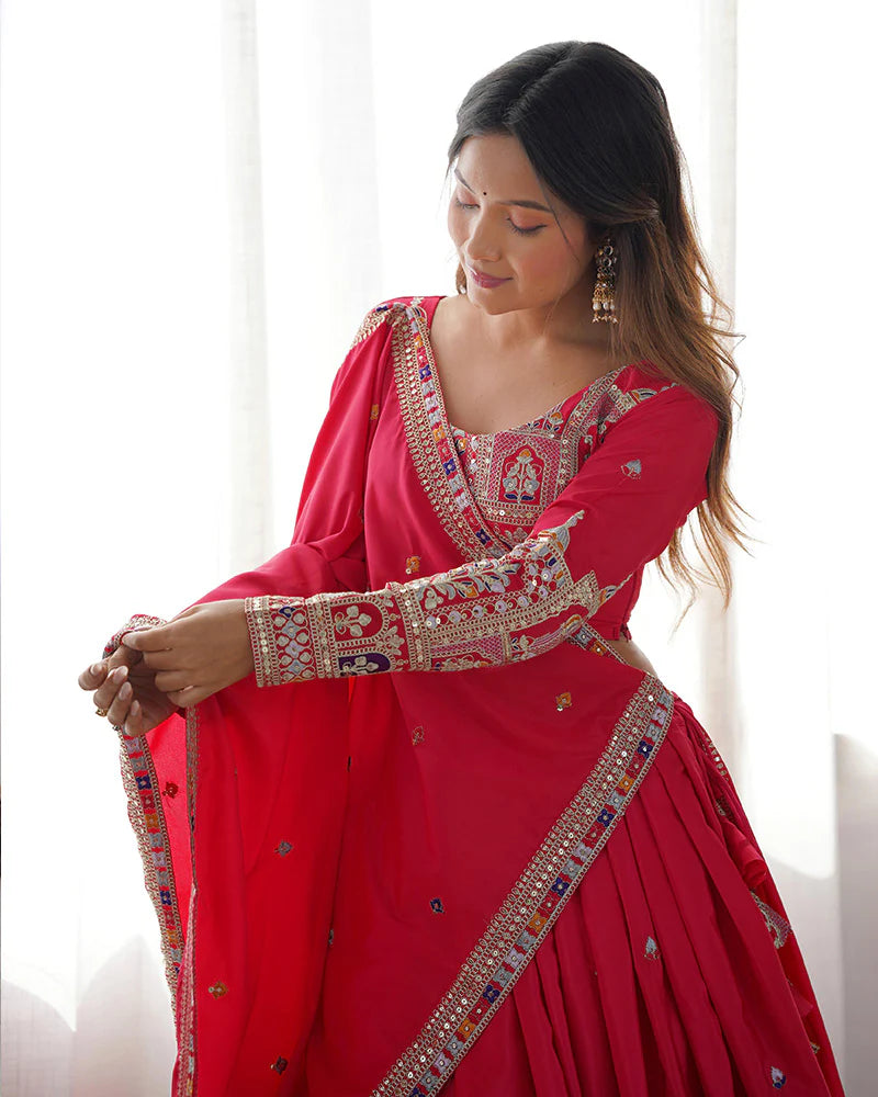 Womenline Tomato Color Natural Crepe silk Lehenga Choli